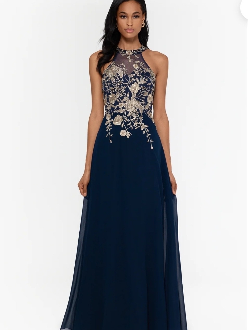 Betsy & Adam Navy Gown Gold Floral CELESTE EMBROIDERED CHIFFON Size 8 (Snag)